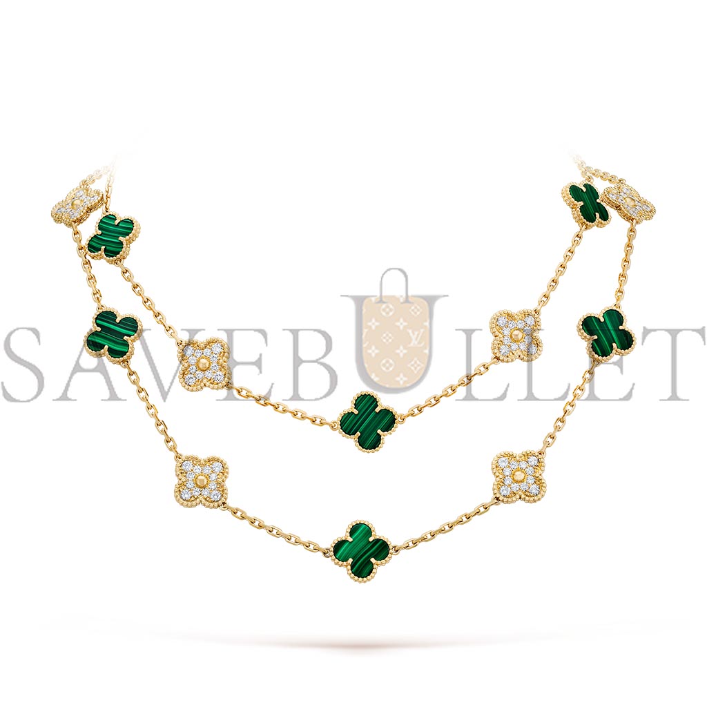 VAN CLEEF ARPELS VINTAGE ALHAMBRA LONG NECKLACE, 20 MOTIFS - YELLOW GOLD, DIAMOND, MALACHITE  VCARO7GP00